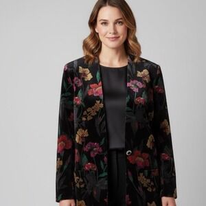 Vintage TanJay‎ Black Floral Velvet Statement Blazer Jacket 30W USA Made Retro